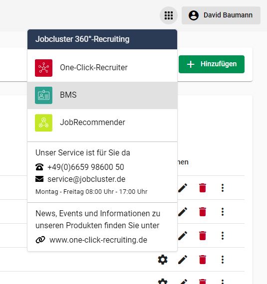 Jobcluster App-Menü