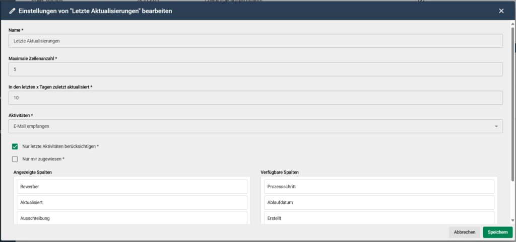 Widget Letzte Aktualisierungen