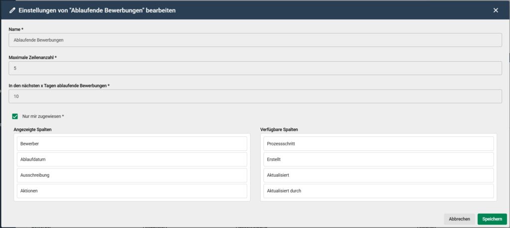 Widget ablaufende Bewerbungen